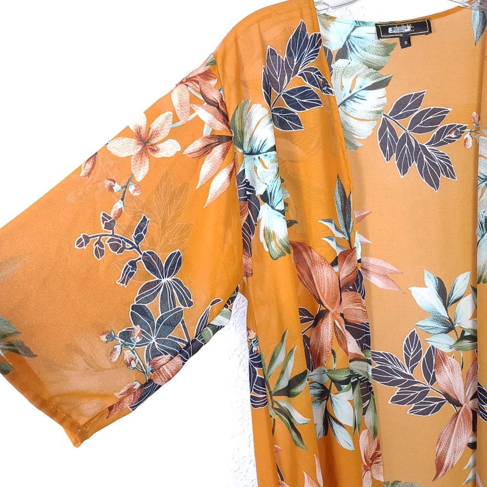L&B Sheer Floral Kimono Cardigan – Orange Green Boho Resort Style – Small - Picture 8 of 9